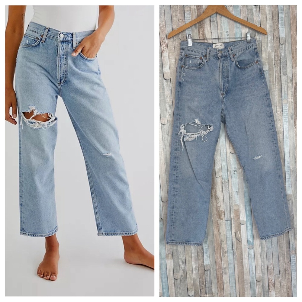 Agolde 24 Light 90s Crop Jeans Echo Wash Distressed High Rise Straight Organic